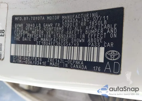2011 Toyota Corolla Le z USA, uszkodzony, nr VIN 2T1BU4EE3BC654749